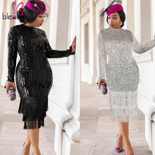 

women winter striped sequined tassel bodycon midi dress mesh full sleeve club night casual bandage dresses vestido, Black;pink