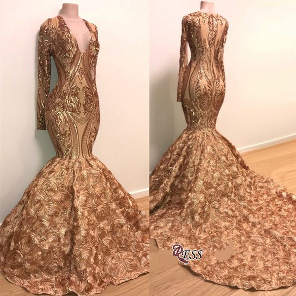 

2019 Gold Mermaid Prom Dresses Long Sleeves Deep V Neck Lace Applique Sequins Black Girl Evening Gowns Plus African Cocktail Party Dress