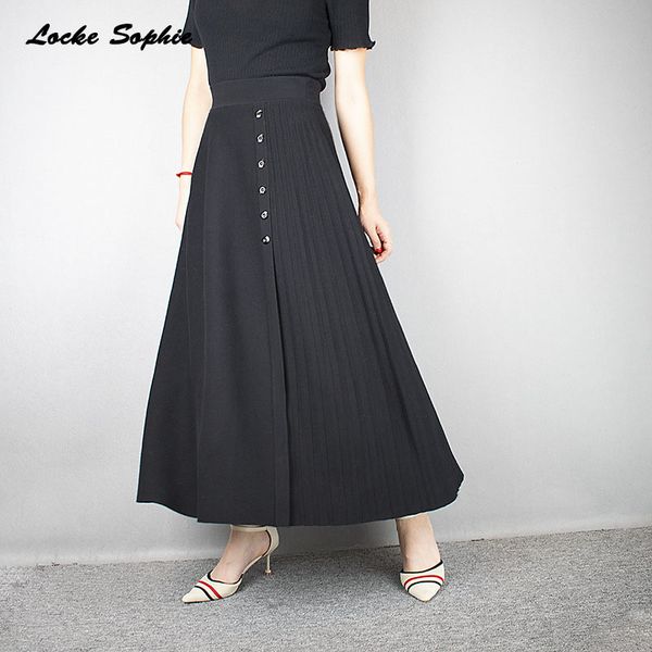 

1pcs hight waist women's pleated skirts 2019 winter knitting cotton button splicing irregular skirt ladies skinny pleated skirts, Black