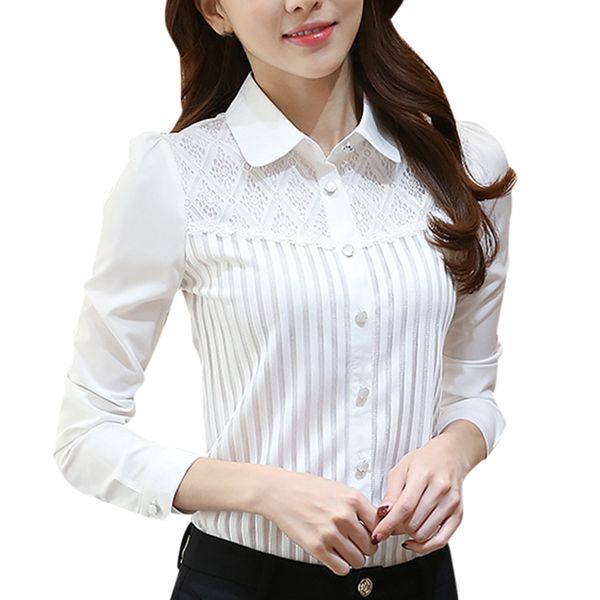 

feitong women blouses vintage collared pleated chiffon button down shirt long sleeve lace blouse casual blusas femininas, White
