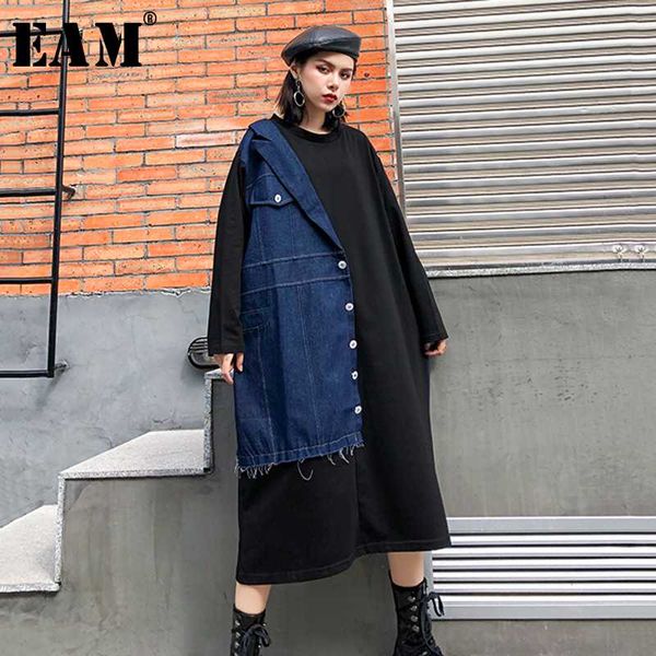 

eam] женщины черный деним сплит сустав большой размер платье новый круглый вырез с длинным рукавом свободный покрой мода прилив весна осень, Black;gray