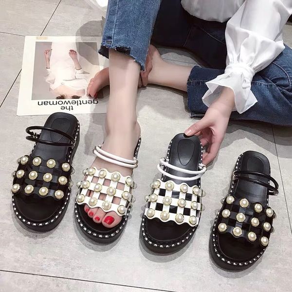 

net red shoes two wear female cake sandals 2019 summer new fairy style tide students catch roman shoes, Black