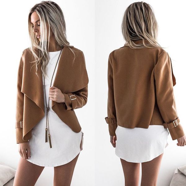 

women's wool & blends wt003 autumn fashion female casual women coat pure color cardigan open stitch turn-down collar jacket outwear clo, Black