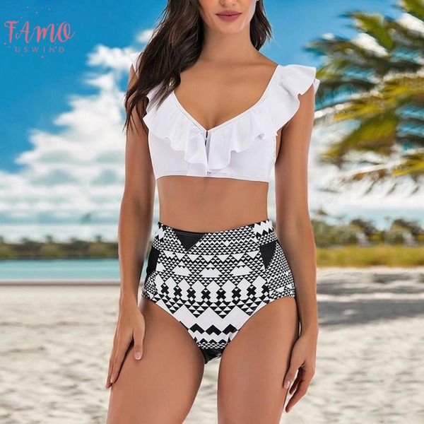 

2020 summer women high waist bikini swimwear two piece plus size ruffle halter beach tie up swimwear set bathing suit, White;black