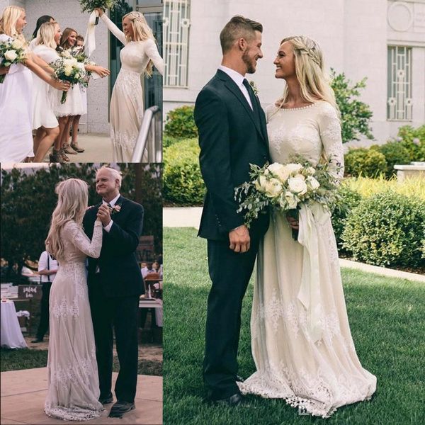 

vintage скромные свадебные платья с длинными рукавами o шеи a-линия страна богемной неофициальное свадебные платья религиозное платье, White