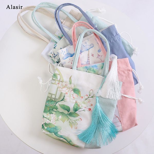 

alasir summer mini shoulder bags retro chinese style women hanfu handbags artsy drawstring bags tassel small canvas bag