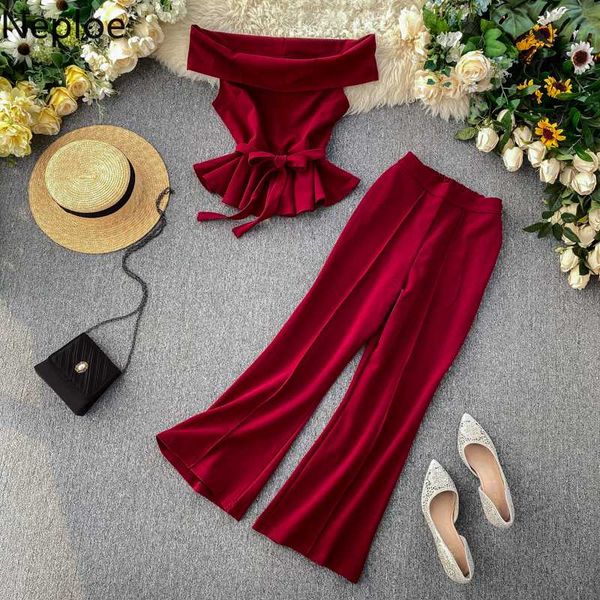 

neploe женщина способа 2 шт наборы эпикировка sexy разрез шеи бинты crop top + труба pants2020 новый дамы повседневный костюм set 1a170, White