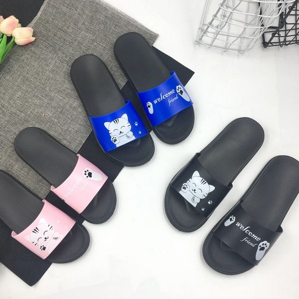 

fashion men slippers pvc cute cartoon fat cat indoor home lovers flat non-slip summer beach slips shoes mens sandalias, Black