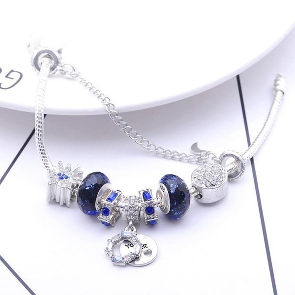 

february 14 new romantic love blue starry sky pandora bracelet diy creative bright firework beaded jewelry, Golden;silver