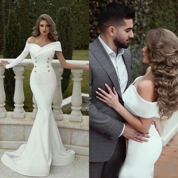 

2020 arabic mermaid prom dresses off the shoulder satin long sleeve modest evening gowns custom made formal party dresses with button, Black