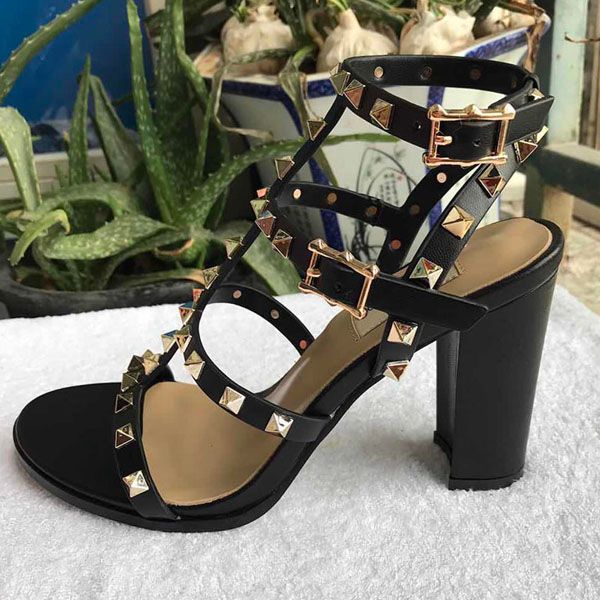 

delivery 2021 spring and summer sandals women's fashion shoes coarse-heeled 8-color true belt box, Black