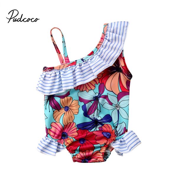 

baby girls swimwear one piece темно-синий цветочный принт с красными оборками плечевой ремень 2-7 лет детский купальник детская одежда для п