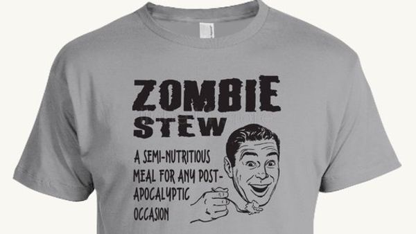

funny zombie stew t-shirt, post apocalyptic undead sign, White;black
