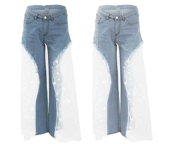 

сексуальные женщины с широкими штанинами sheer mesh star print splice джинсовые брюки с высокой талией повседневные свободные брюки джинсы м, Blue