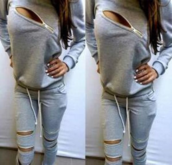 

lady sport suit tracksuit women with holes jogger set jogging suits zipper sweatsuit sportsuit sportset sportswear chandal mujer hight quali, Gray