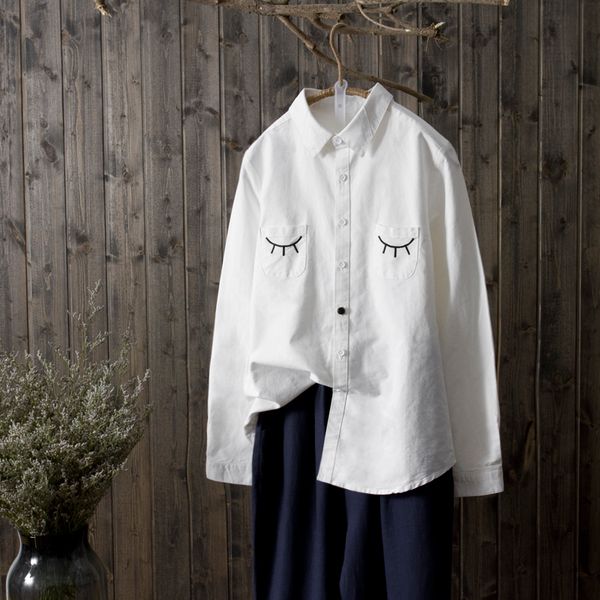 

cotton shirts womens 2019 autumn casual turn down collar long sleeve eyelash smile embroidery school students white blouse