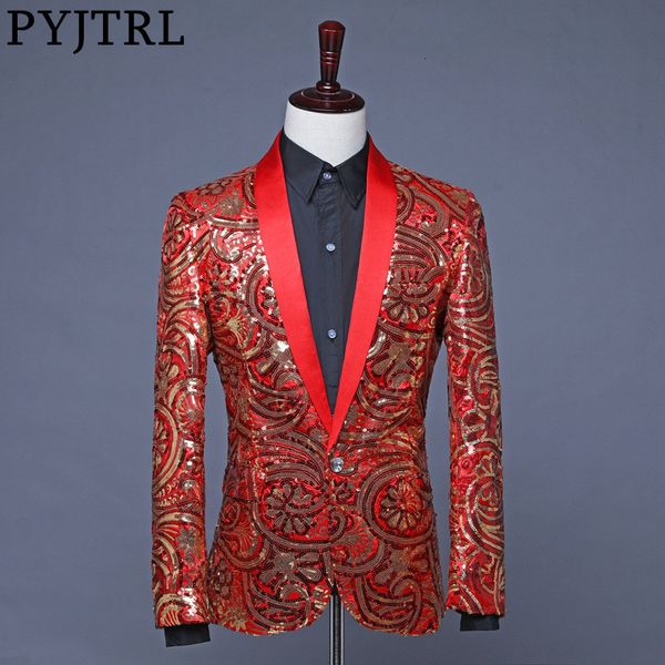 

pyjtrl mens red royal blue gold flower sequins fancy paillette wedding singer stage suit jacket annual dj blazer with bow tie, White;black