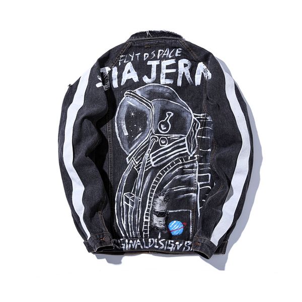 

2019 autumn new classic black retro denim jackets men starry sky astronaut graffiti printing casual loose coats, Black;brown