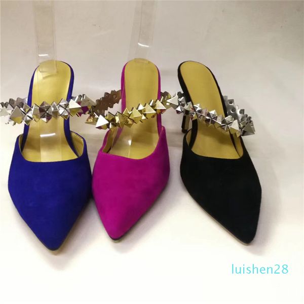 

rivet one-strap runway slippers women 10cm stiletto heel pointed toes suede 2020 summer shoes woman l28, Black