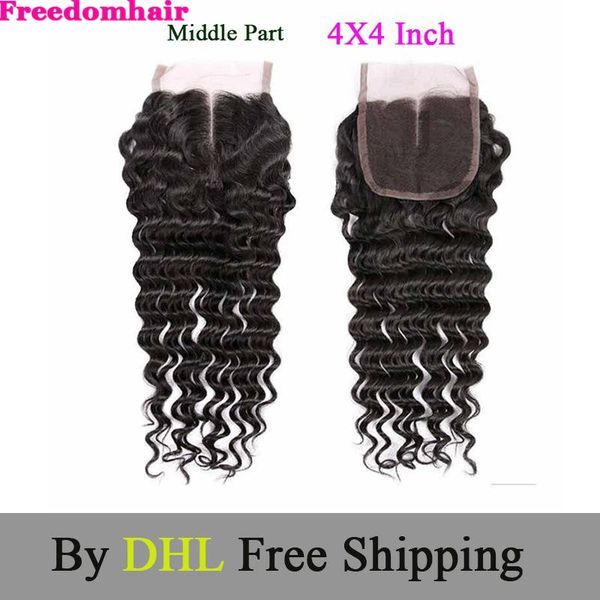 

indian deep wave lace closure virgin human hair bleached knots middle part baby hair brazilian malaysian peruvian hair lace closure, Black;brown