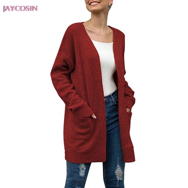 

jaycosin 2020 sweater women solid long sleeve pockets knitted sweater cover up cardigan pelaje femenino manteau femelle #1214, White