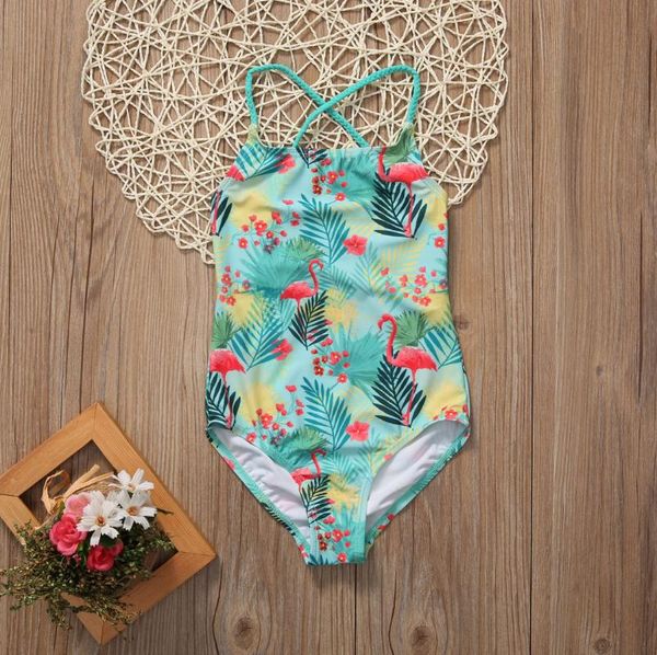 

baby girl flamingo printed swimsuit swimwear kids children summer beach green bikini tankini bathing suit