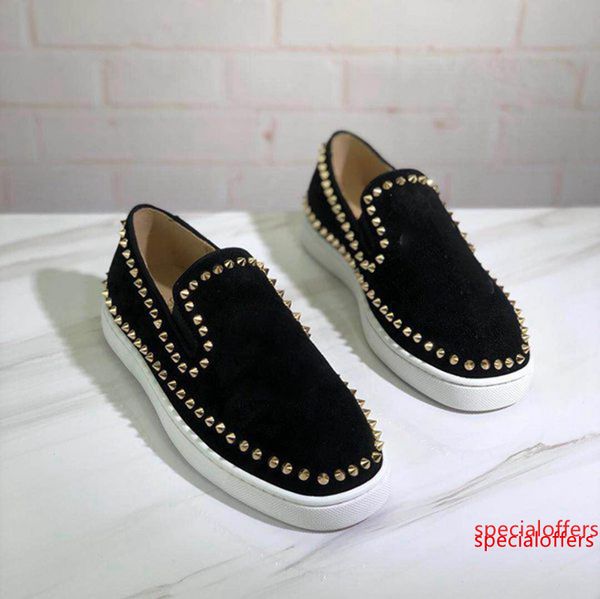 

2019 brand designer red bottom sneakers mens casual shoes spikes pave flats loafers pik boat genuine leather brand woman shoe, Black