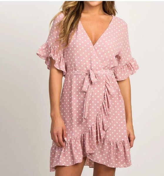

летнее шифоновое платье 2019 boho style beach dress мода с коротким рукавом v-образным вырезом горошек a-line party dress сарафан vestidos, Black;gray