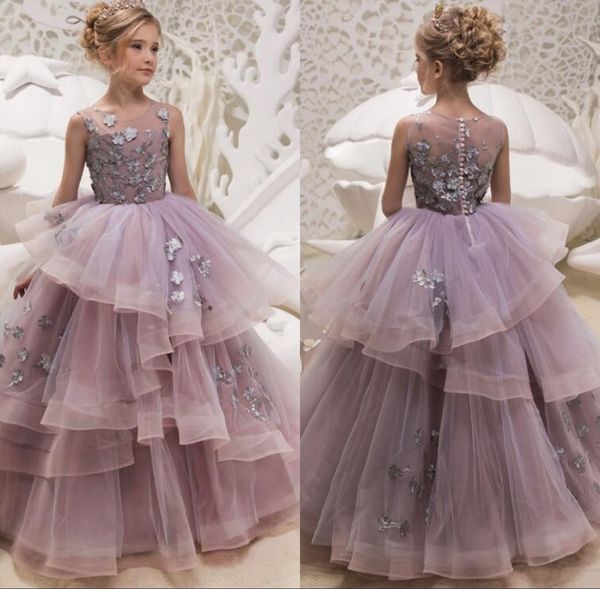 

sheer neck flower girl dresses organza little girls pageant dresses lace applique princess children wedding gowns 3d flower girl dress, White;blue