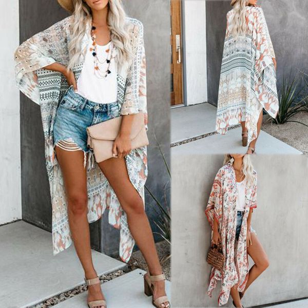 

summer ladies boho bikini cover up kimono cardigan blouse women floral print long sunscreen loose beach shawl blouse 2020 new, White