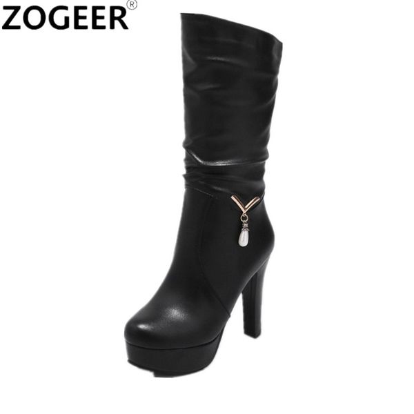 

zogeer plus size 43 new 2019 spring autumn women boots high heel soft pu leather mid-calf boots casual shoes woman white, Black
