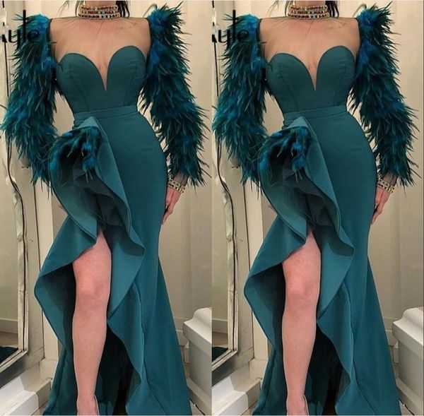 

Long Sleeves Evening Dresses 2019 Green Evening Gowns Feather Formal Prom Dress vestido de festa Abendkleider Robe De Soiree