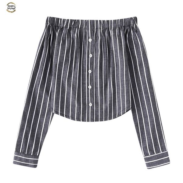 

women blouse button striped backless off shoulder long sleeve blouse women quality bloes dames, White