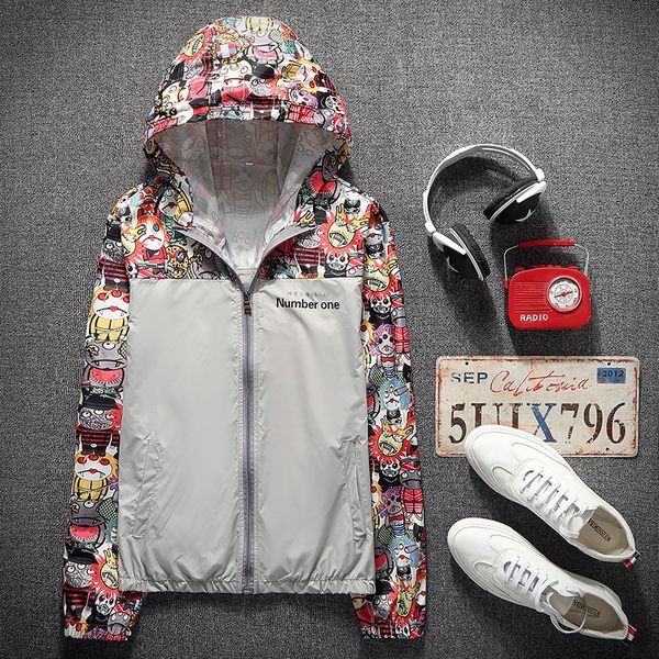 

us size jacket mens casual patchwork hoody jackets thin sun protective clothing male couple sun-protective clothing coat dg30, Black;brown