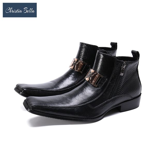 

christia bella solid men shoes genuine leather boots new fashion chain simplicity square toe boots large size short, Black