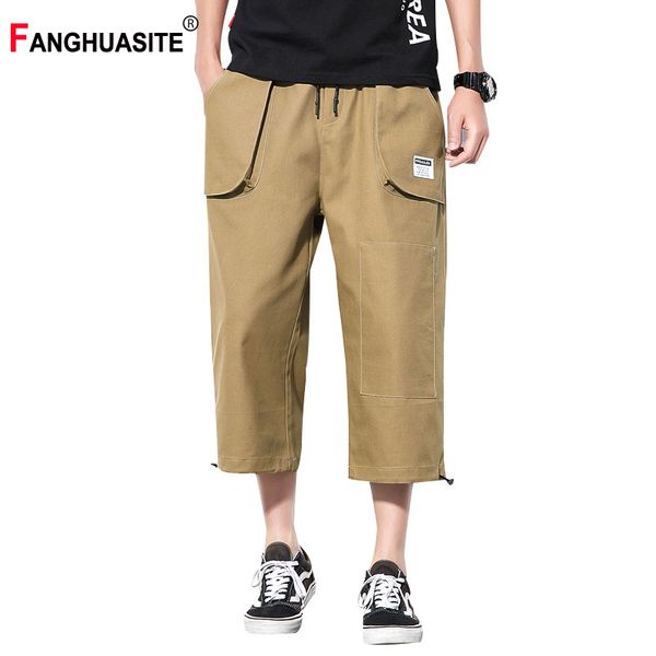 

летние новые мужские повседневные брюки удобные высокое качество сплошной цвет икры длина брюки мульти-карман свободные прямые мужские k377, Black