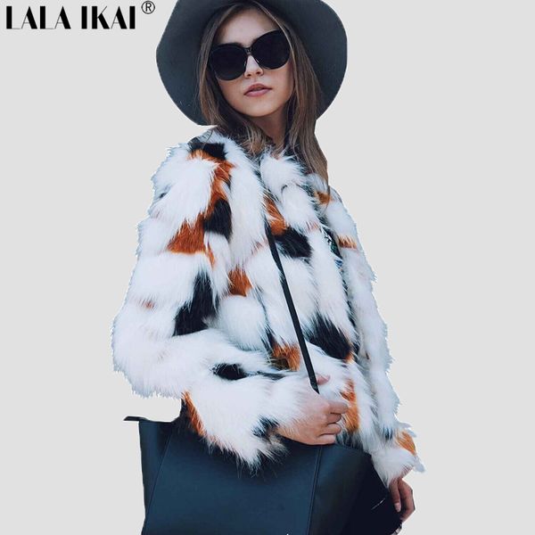 

2017 brand lala ikai winter faux fur short jacket & coat fulffy long fur outwear multi color thermal coat for female swq0375 45, Black