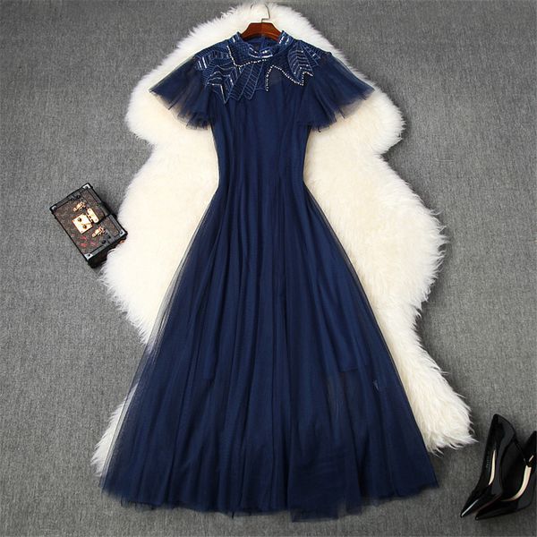 

runway women dress short sleeve summer clothing 2020 new elegant beading solid mesh midi prom party dresses, Black;gray
