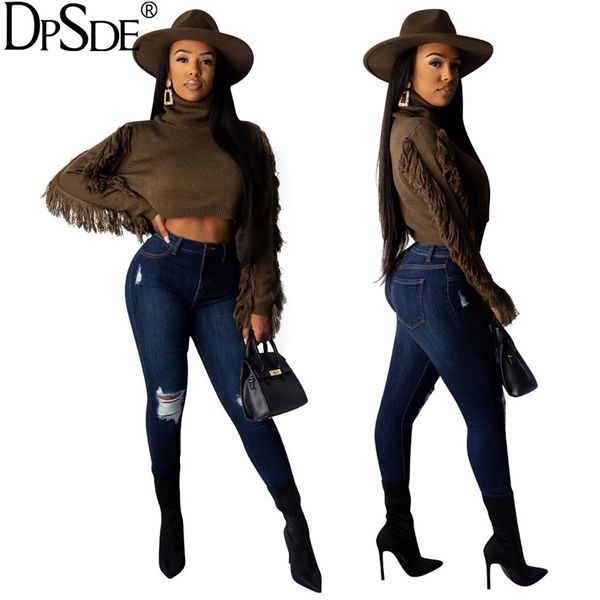 

dpsde brown white high collar casual sweater for women bat full sleeves short winter new 2020 loose tassel keep warm sweater