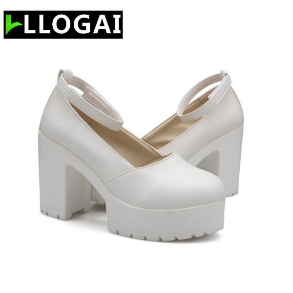 

new women high heels shoes fashion pu leather platform thick heels shoes ladies round toe ankle buckle pumps ladies party shoes y200702, Black