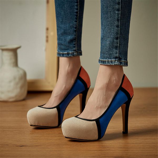 

sarairis new plus size 46 women shoes woman mixed colors flock elegant platform high heels lady pumps female, Black