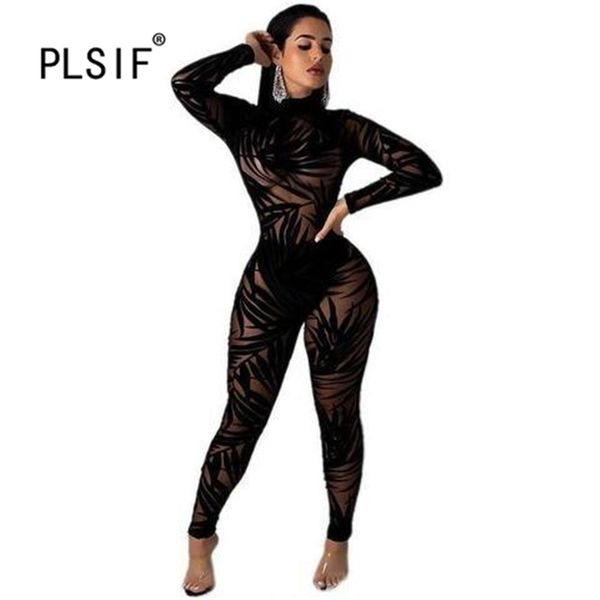 

2020 club mesh see-through lady jumpsuits chic leaves printed black catsuits one piece set skinny jumpsuits, Black;white