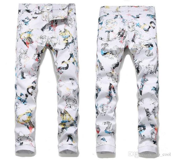 

уникальные мужские цифровые печатные стрейч белые джинсы модный дизайнер прямые ноги slim fit роскошные джинсовые брюки брюки 5643, Blue