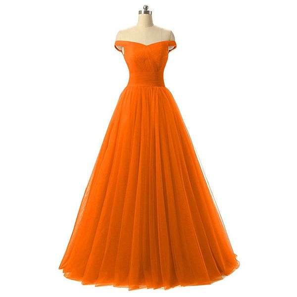 2019 recém chegados laranja fora do ombro a linha longos vestidos de dama de honra tule casamento convidado dama de honra vestidos 100% real image282n