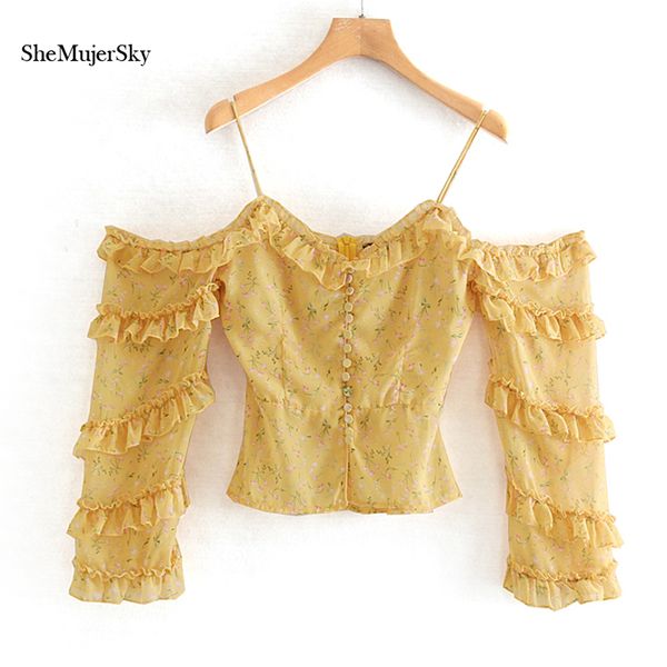 

shemujersky women off shoulder spaghetti strap blouses yellow long sleeve summer ruffles floral print shirts 2019 blusas, White