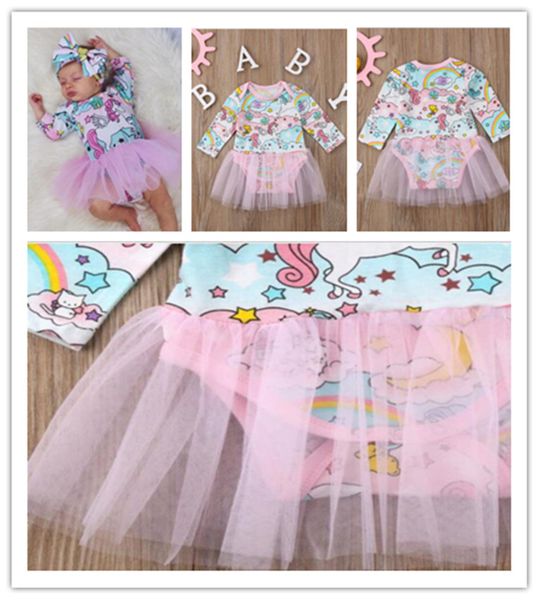 

baby girls mesh patchwork dresses spring jumpsuits romper newborn infant clothes skirts toddler boutique outfits unicorn dress 2020 e21903, Red;yellow