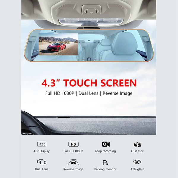 

full hd 1080p touchscreen car dvr dual cameras rear view mirror night vision dash cam dvr digital video recorder