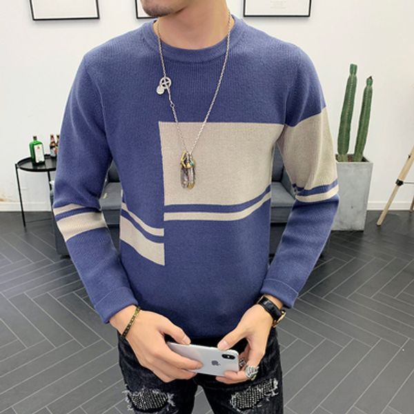 

2019 autumn new sweater men's round neck pullover korean version of the self-cultivation trend men's color knit bottoming shirt, White;black