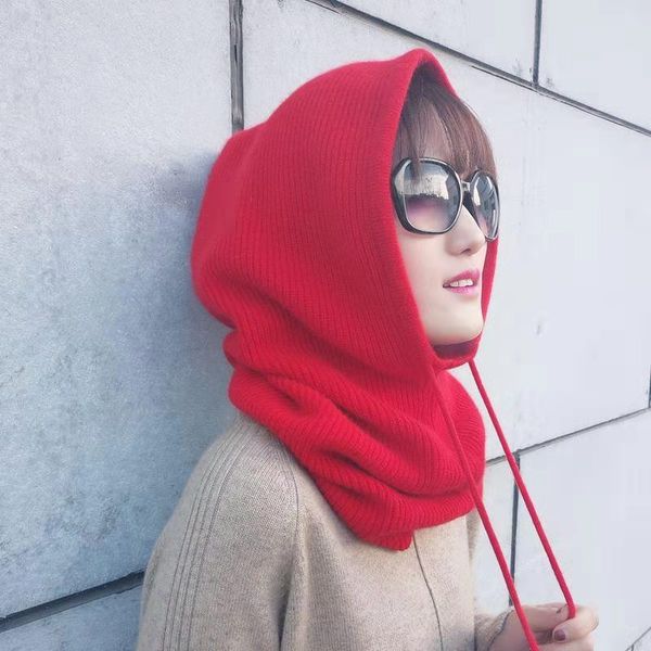

women winter beanie hat cashmere female knitted hooded scarf balaclava for women windproof warm wool cap, Blue;gray
