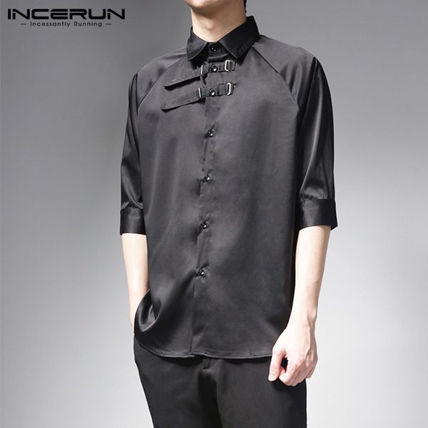 

incerun men shirt vintage half sleeve lapel solid color chic camisa 2020 button summer streetwear men casual shirts s-5xl 7, White;black